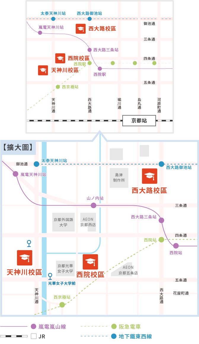 天神川校區、西大路校區、西院校區地圖